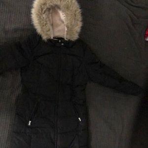 Black, XS, Women's Faux-Fur-Trim Hooded Down Puffer Coat.